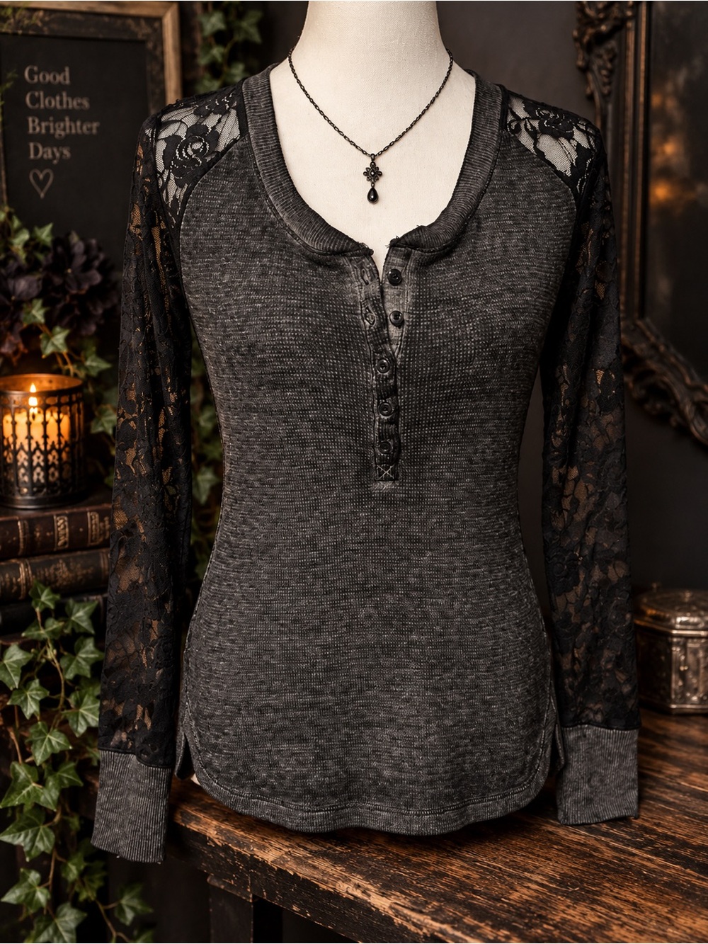 Buffalo David Bitton Black Lace-Sleeve Henley